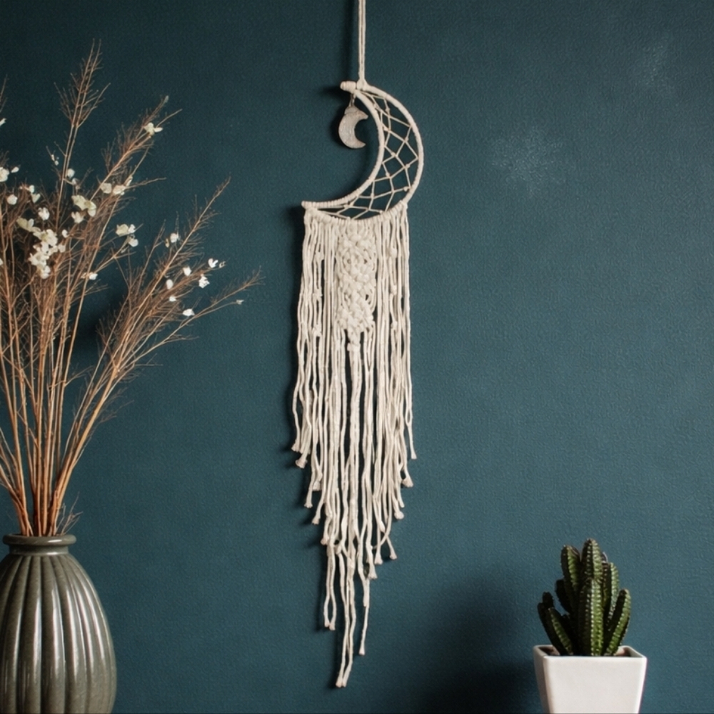Macrame Moon Dreamcatcher Wall Hanging Boho Bedroom Nursery Decor 38" Cream